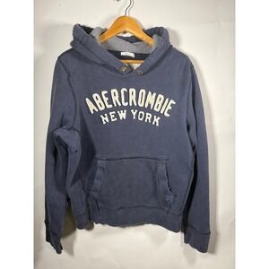 Abercrombie New York Graphic Hoodie Sweatshirt Navy Blue Mens XLarge Muscle